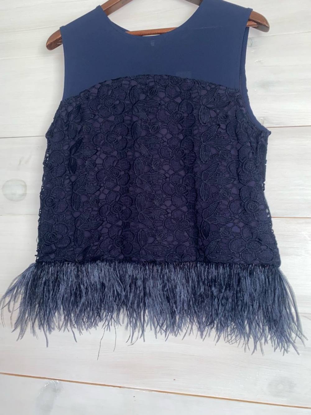 Anthropologie Greylin Navy Blue Lace Feather Trim Sleeveless Top Size Large NWT